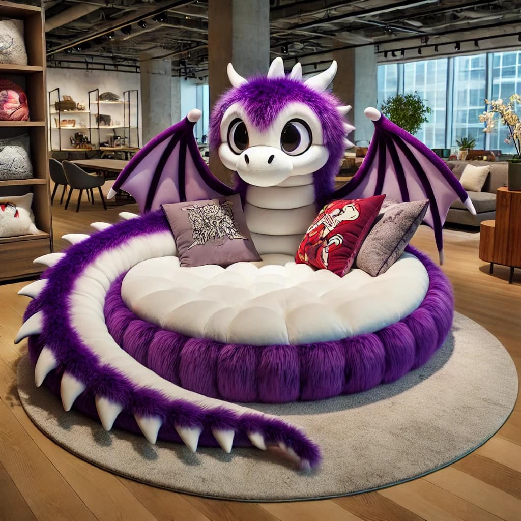 Purple dragon-shaped cozy couch with wings and unique throw pillows in an urban interior setting.