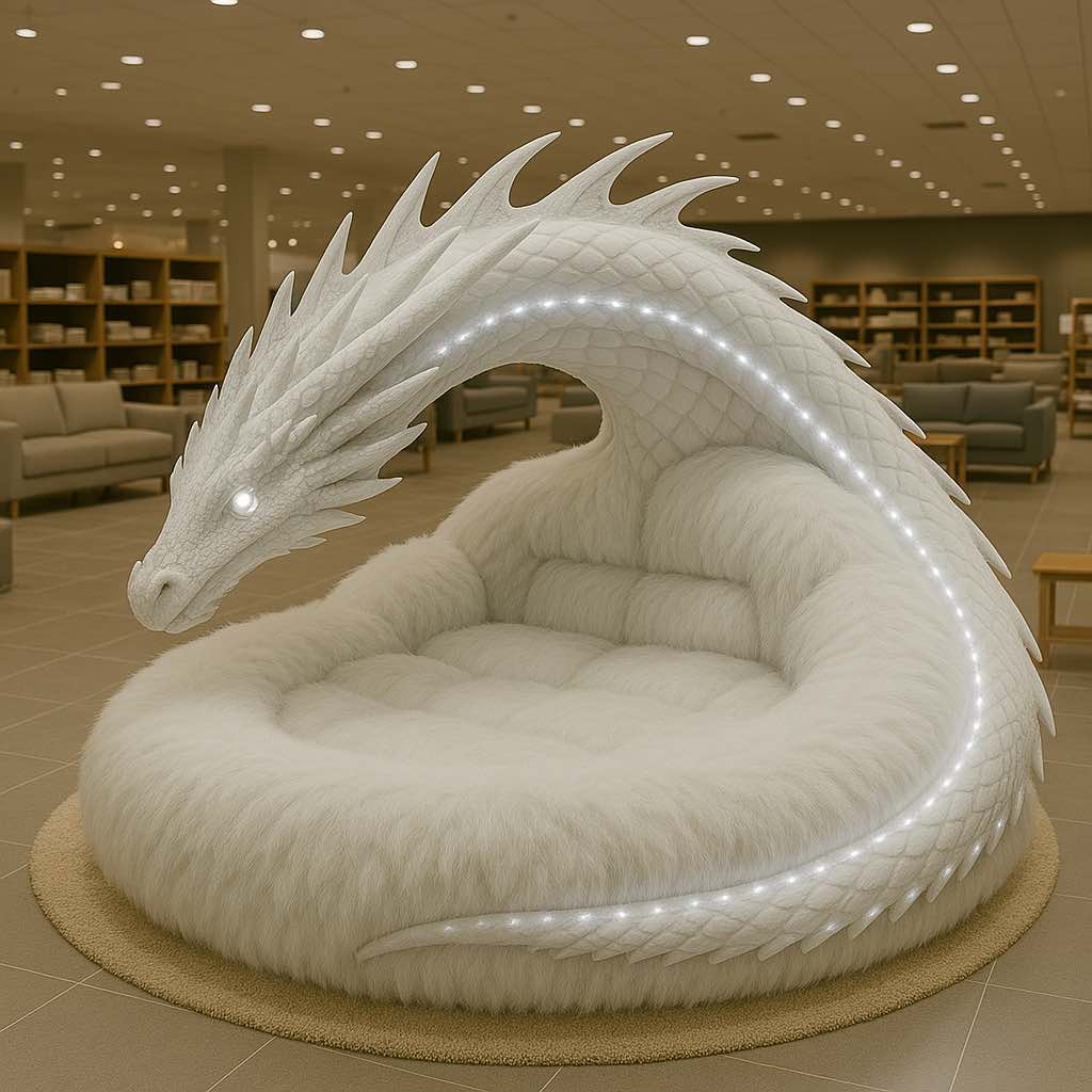 Elegant white dragon lounge chair with LED lighting and plush faux fur texture.