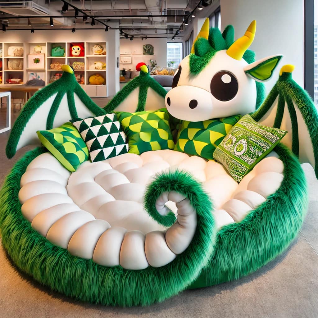 Green dragon-themed plush seat with spiral tail and patterned pillows in a contemporary showroom.