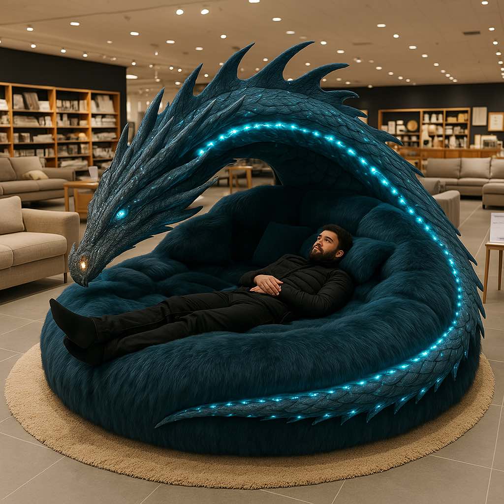 Deep teal dragon chair with glowing aqua lights and a man lying comfortably.