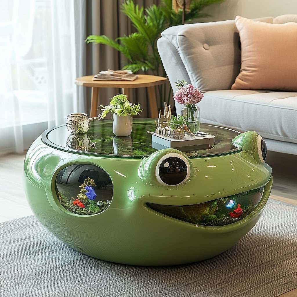 Playful green frog-shaped coffee table with an aquarium feature.