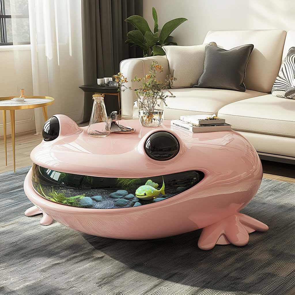 Cute pink frog-shaped coffee table with an integrated aquarium.