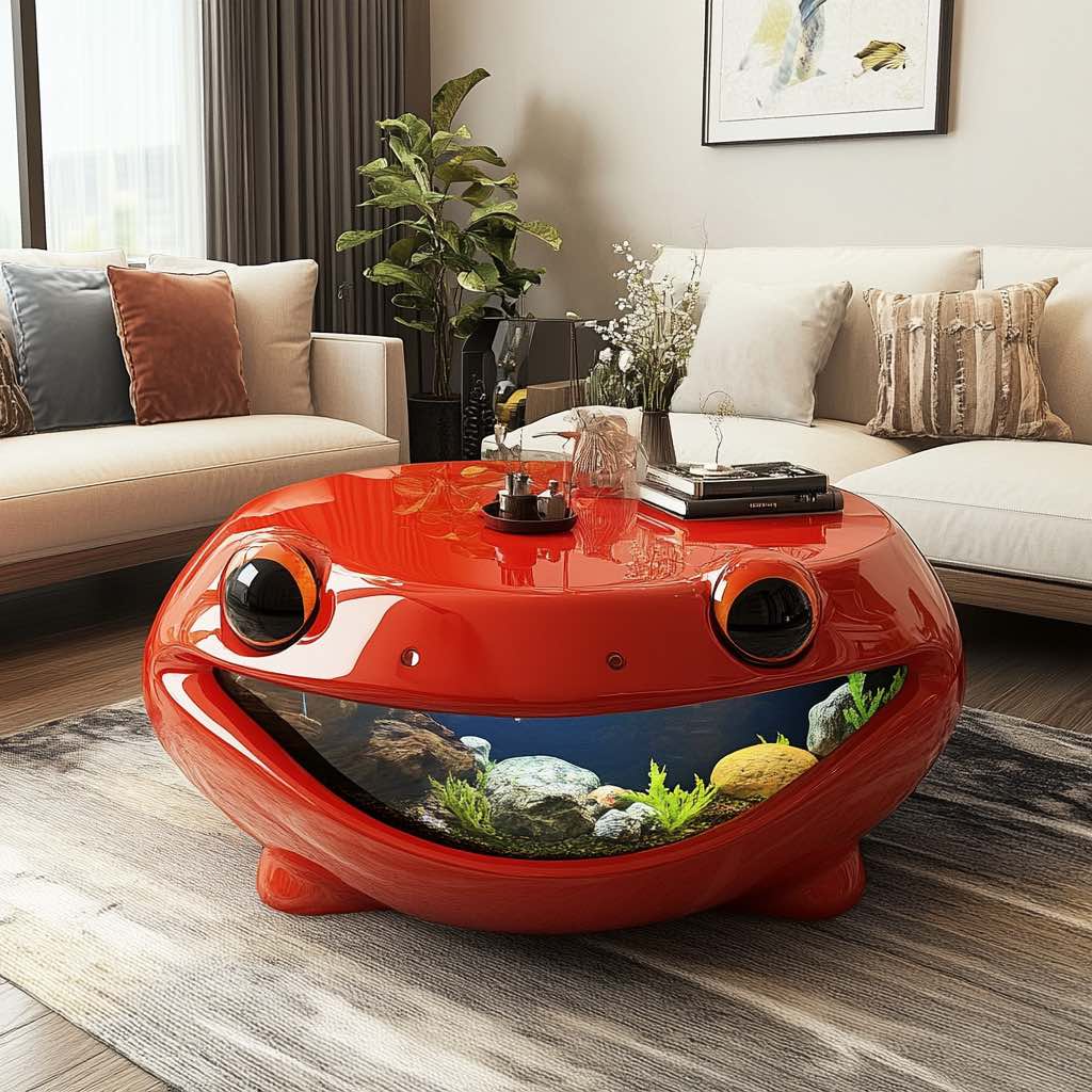 Bold red frog-shaped coffee table with a fun aquarium design.