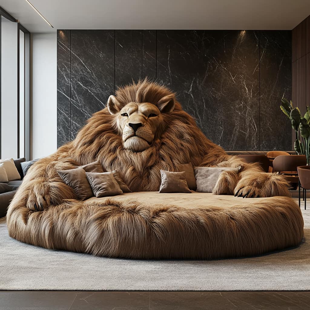 A luxurious, oversized sofa designed as a detailed brown lion with a regal expression, placed in a modern living room with marble walls and ambient lighting.