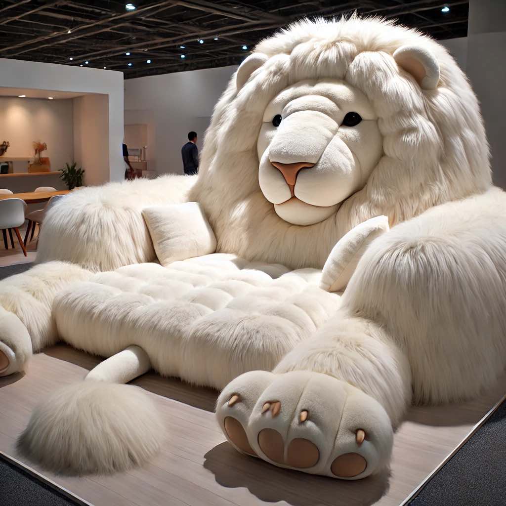 Plush white lion sofa with fluffy mane and soft cushions in a modern living room setting.