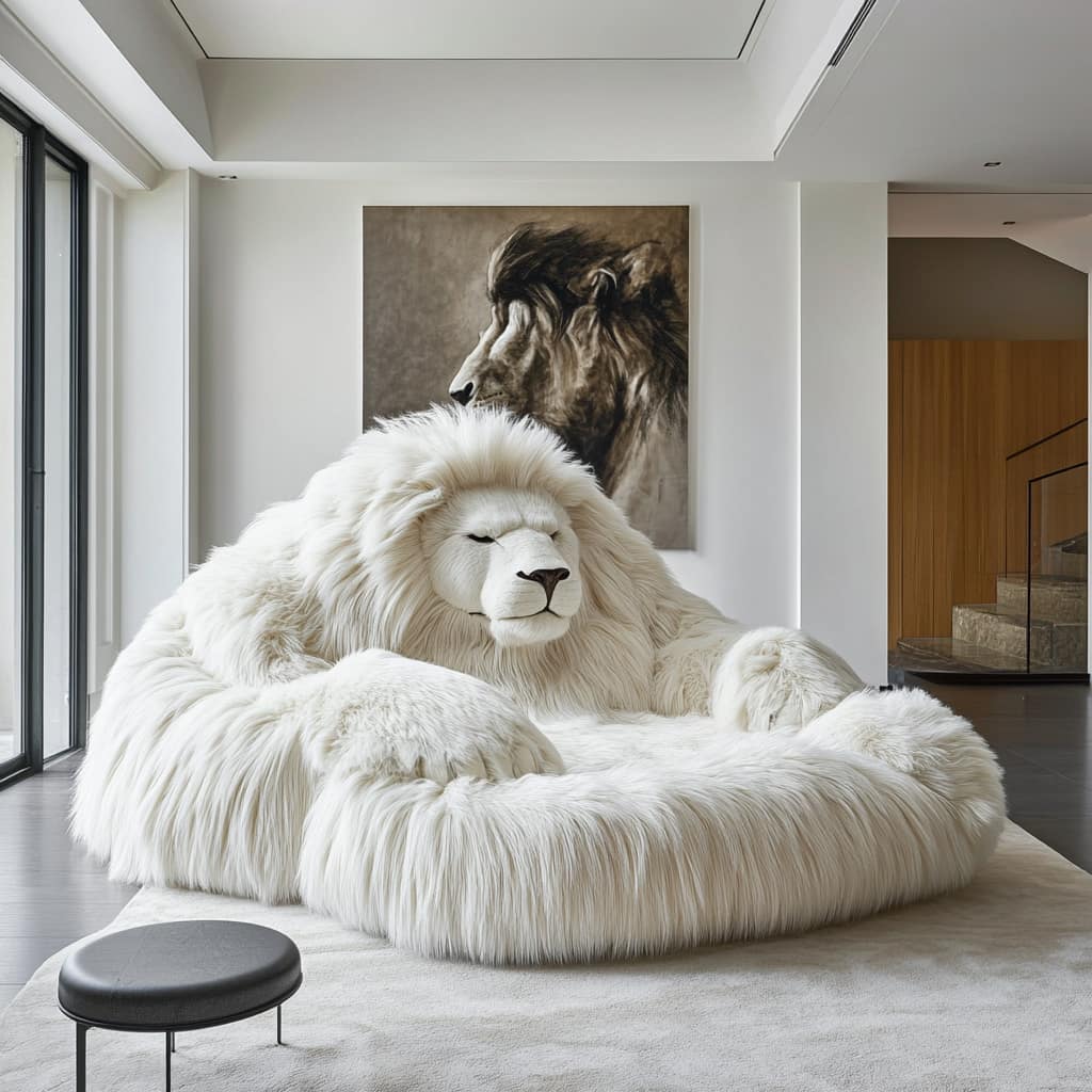 A plush, white lion-shaped lounge chair that exudes elegance, positioned in a minimalist living space with large windows and a lion artwork hanging on the wall.
