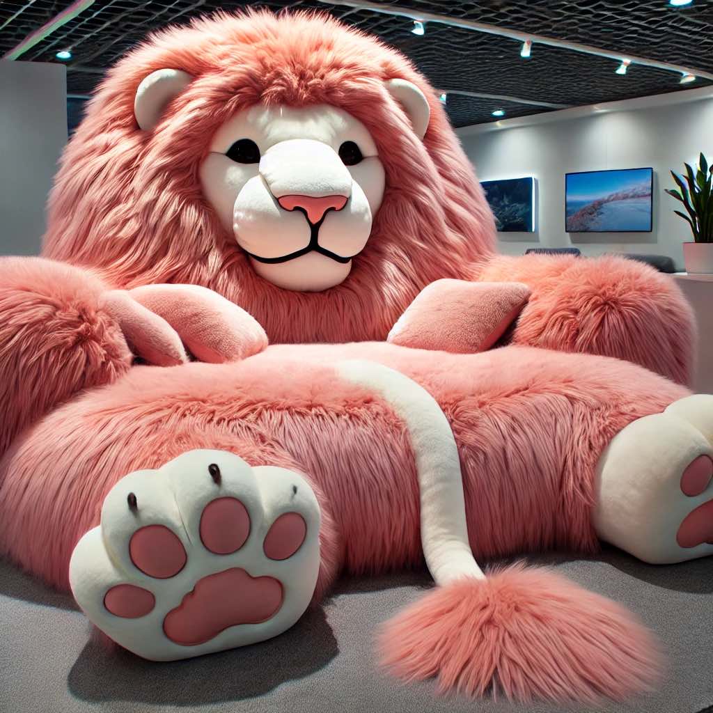 Playful pink lion sofa with fluffy texture and cheerful expression in a stylish decor environment.