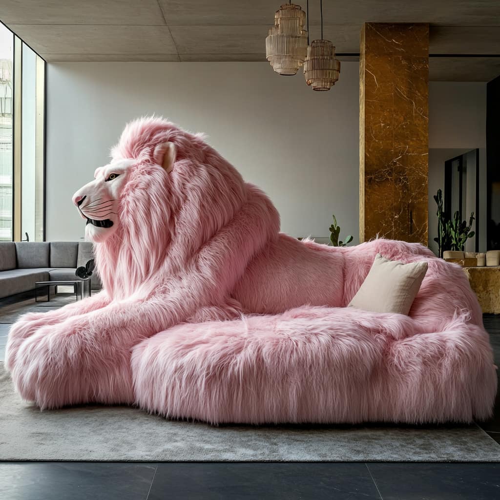 A unique pink lion-shaped sofa with a soft, furry texture, set in an upscale living room featuring tall windows and sophisticated decor elements like pendant lights and a marble accent wall.