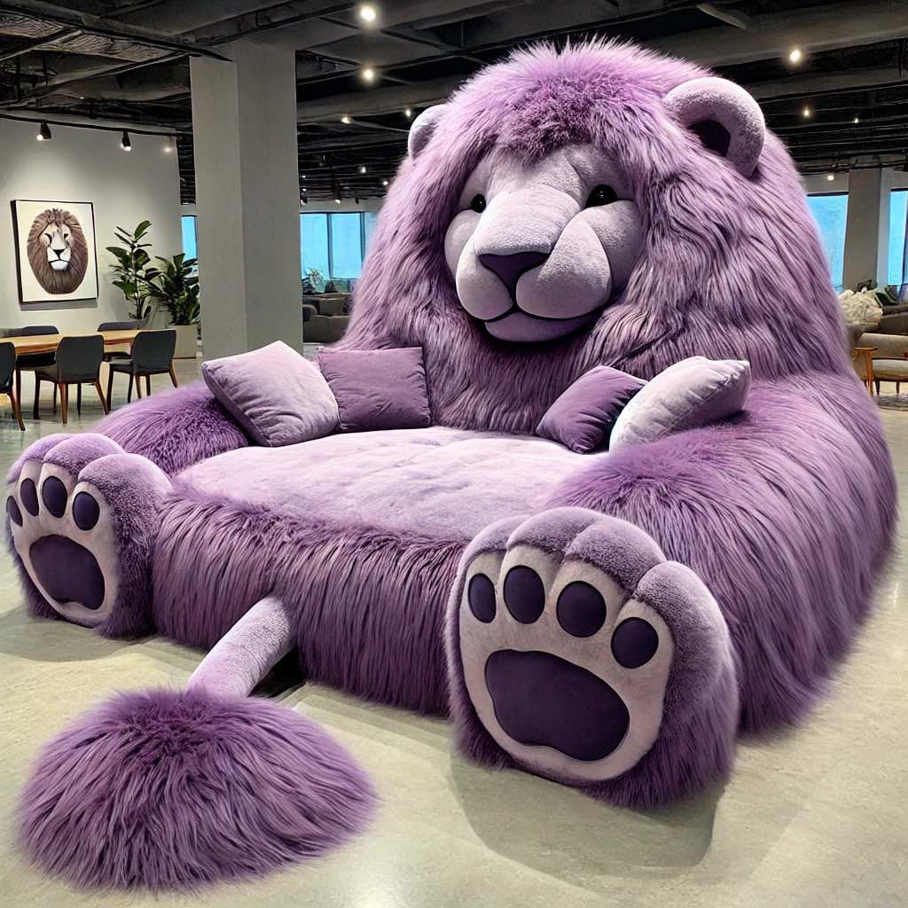 Striking purple lion sofa with fluffy mane and plush cushions in a contemporary home setting.