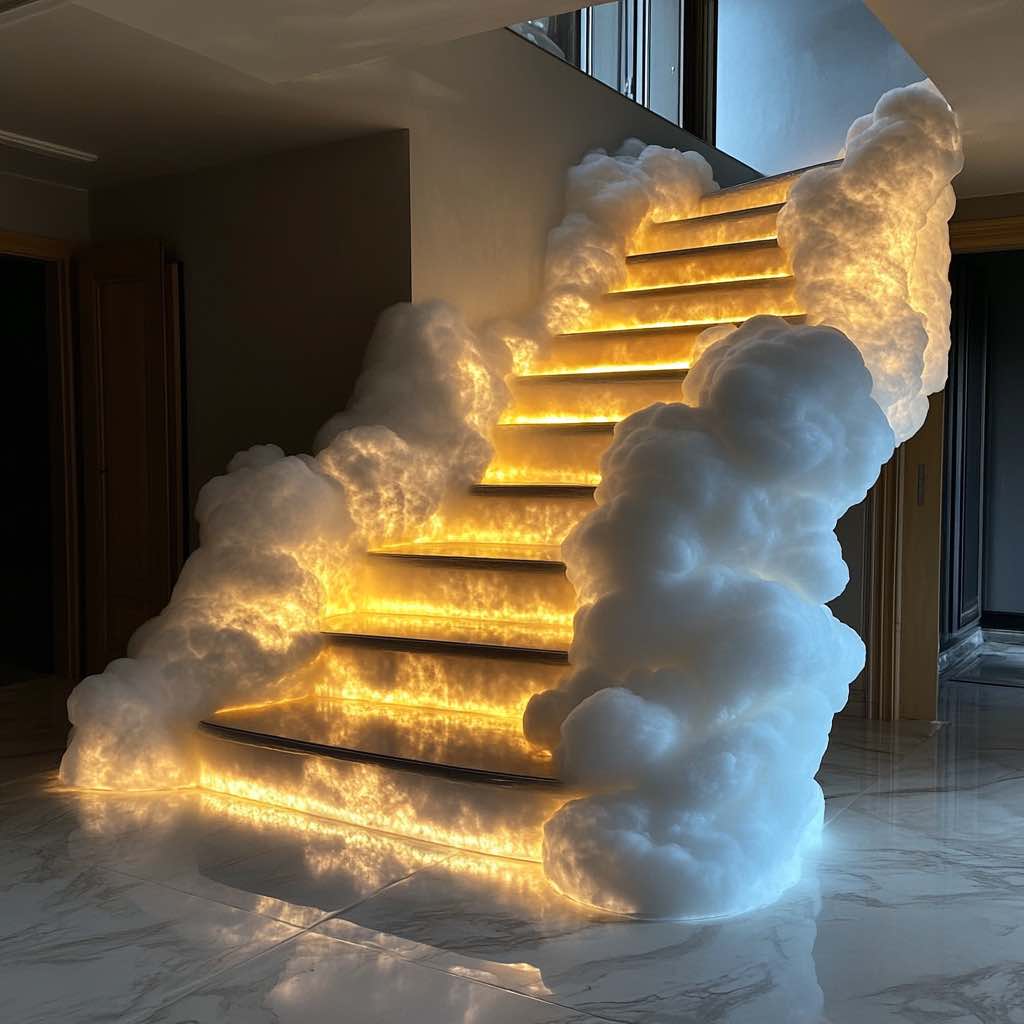 Staircase design featuring fluffy clouds and warm lighting.