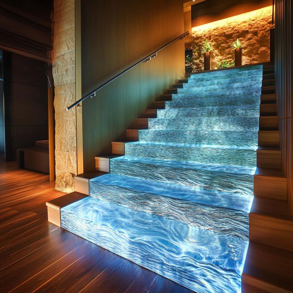 Staircase with illuminated steps resembling ocean waves.