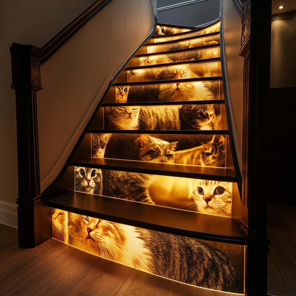Staircase featuring cat images illuminated with warm light.