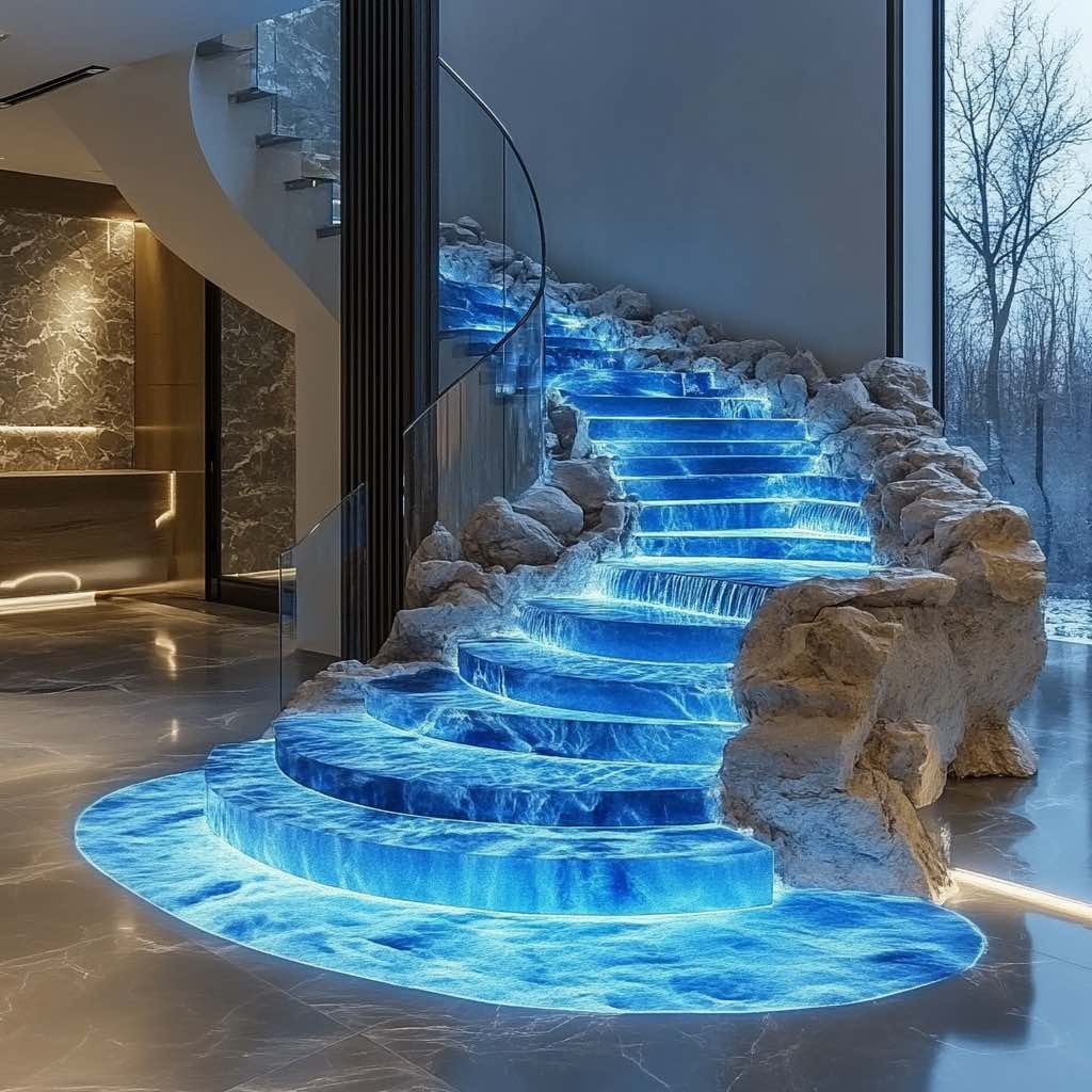 Staircase designed to resemble a natural waterfall with stones.