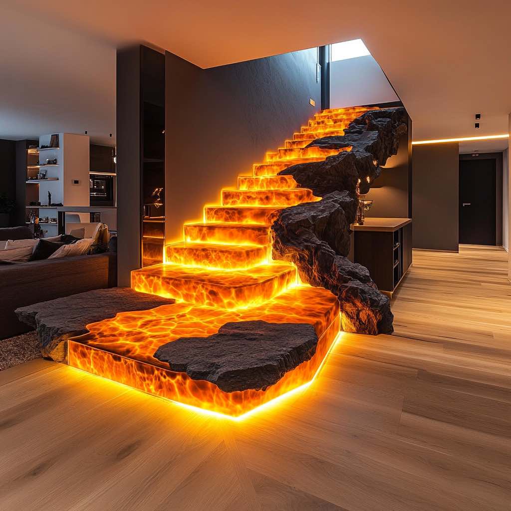 Staircase with a bold lava flow design in vibrant colours.