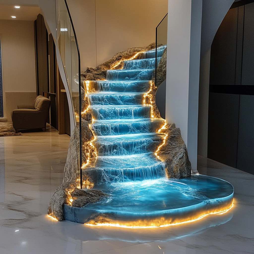 Staircase with luminous blue lighting and natural stone design.