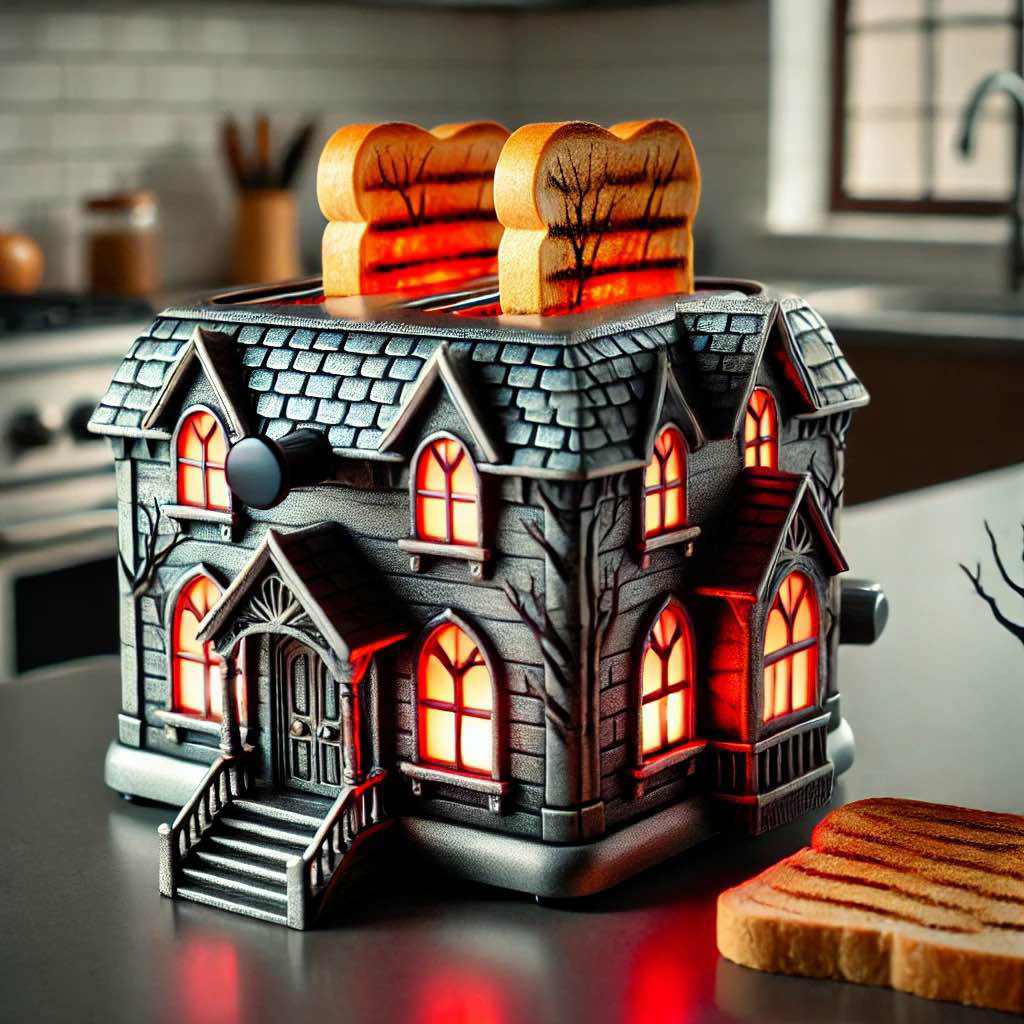 A haunted house-themed toaster with glowing windows and toasted bread, set in a modern kitchen.