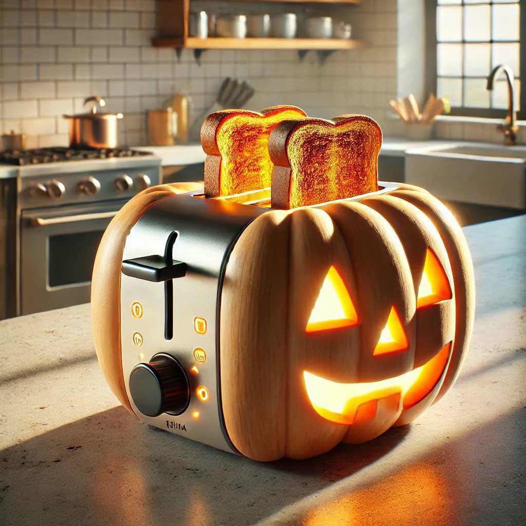 A cheerful pumpkin-shaped toaster with a jack-o'-lantern face and toasted bread, displayed in a cozy kitchen.