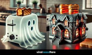 A collage of Halloween-themed toasters including a ghost, haunted house, pumpkin, and witch’s cauldron, showcasing festive kitchen gadgets.