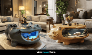 A collage of various hippo-themed coffee tables with integrated aquariums, showcasing unique designs for home decor.