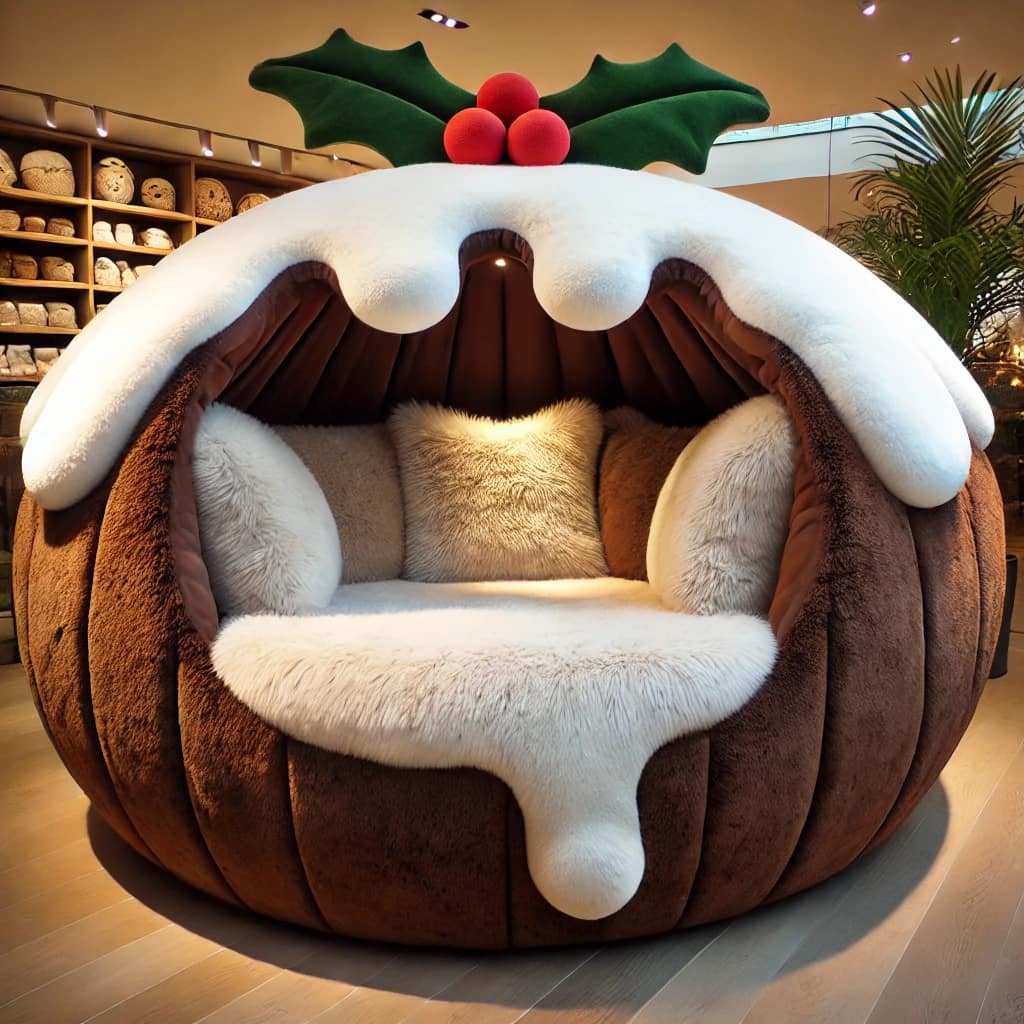 Cosy brown Christmas Pudding Cuddle Pod with white icing and holly decoration