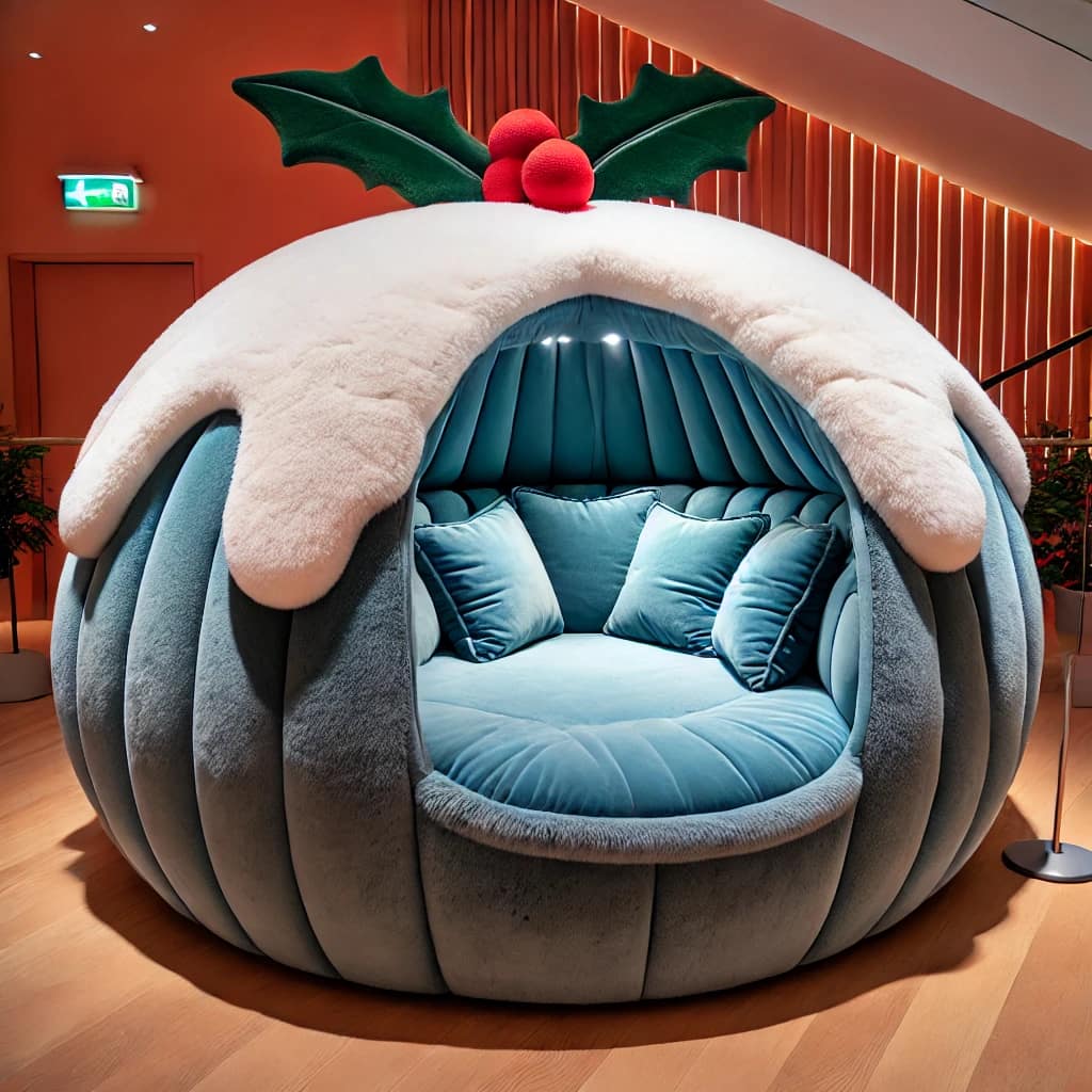 Soft blue Christmas Pudding Cuddle Pod with plush interior and festive holly decoration