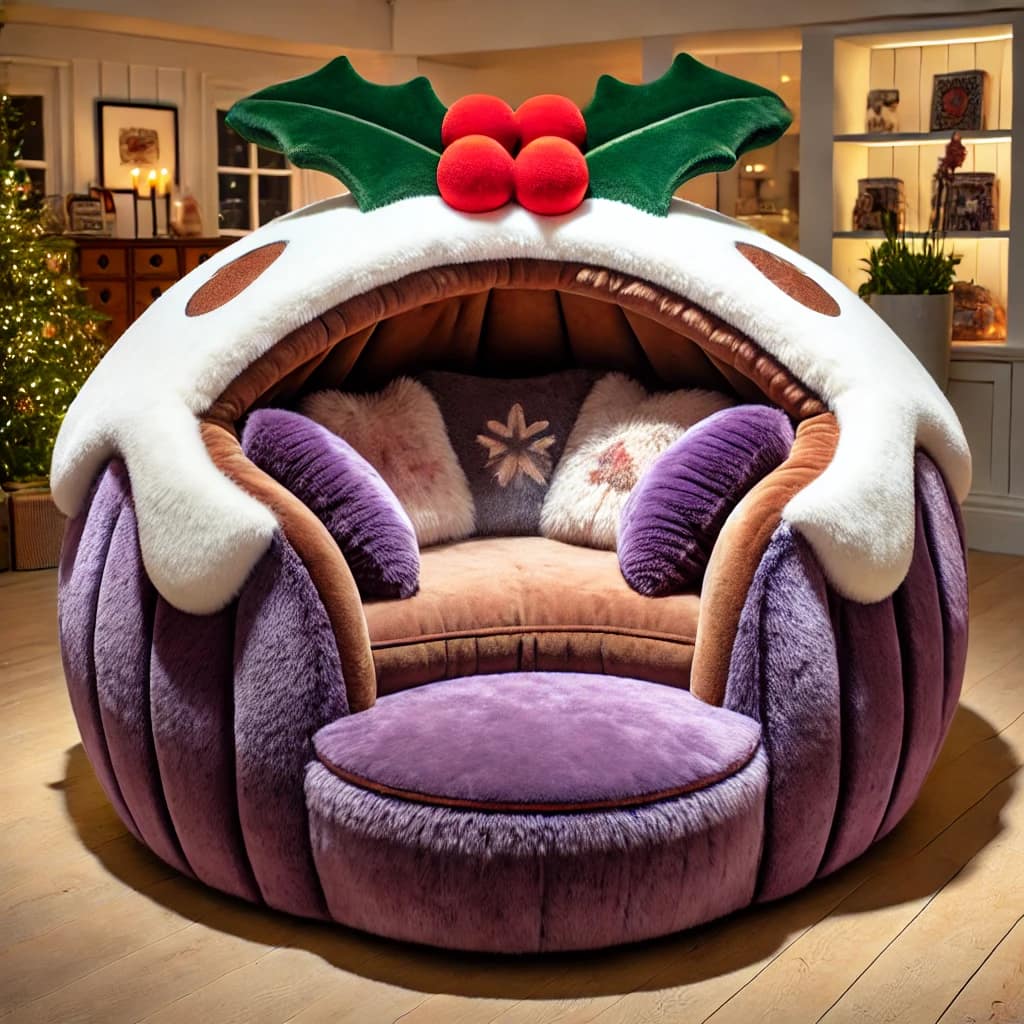 Regal purple Christmas Pudding Cuddle Pod with cushioned seating and holiday accents.