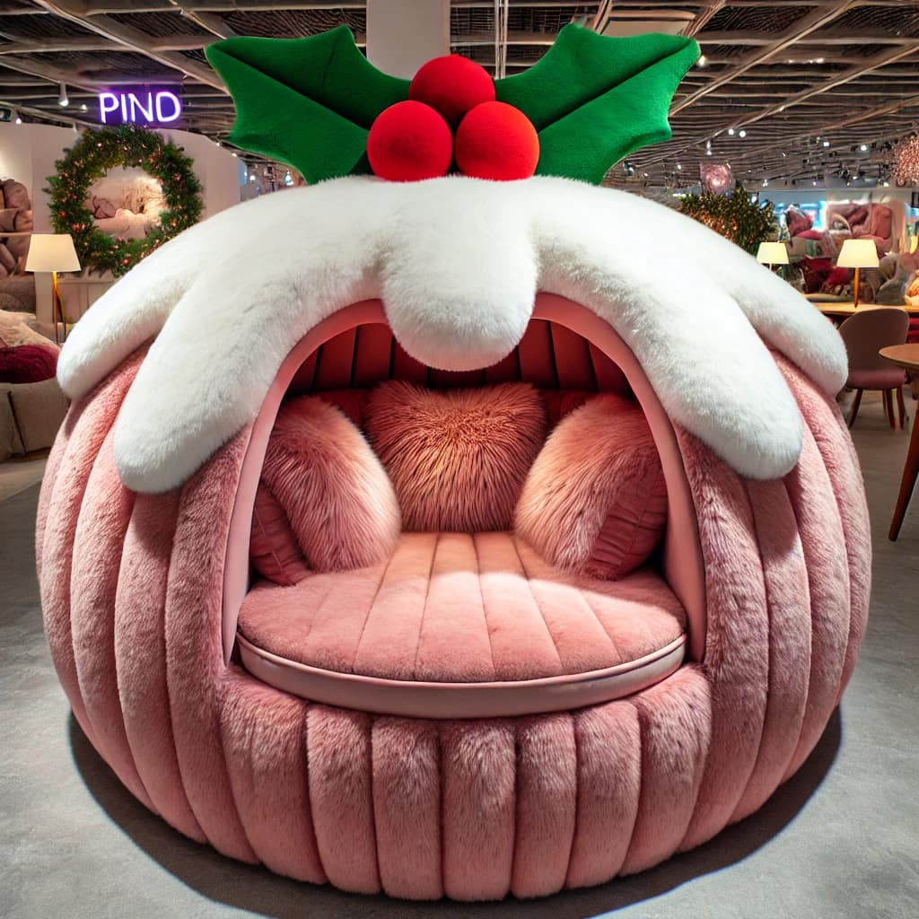 Blush pink Christmas Pudding Cuddle Pod with white faux icing and holly decoration