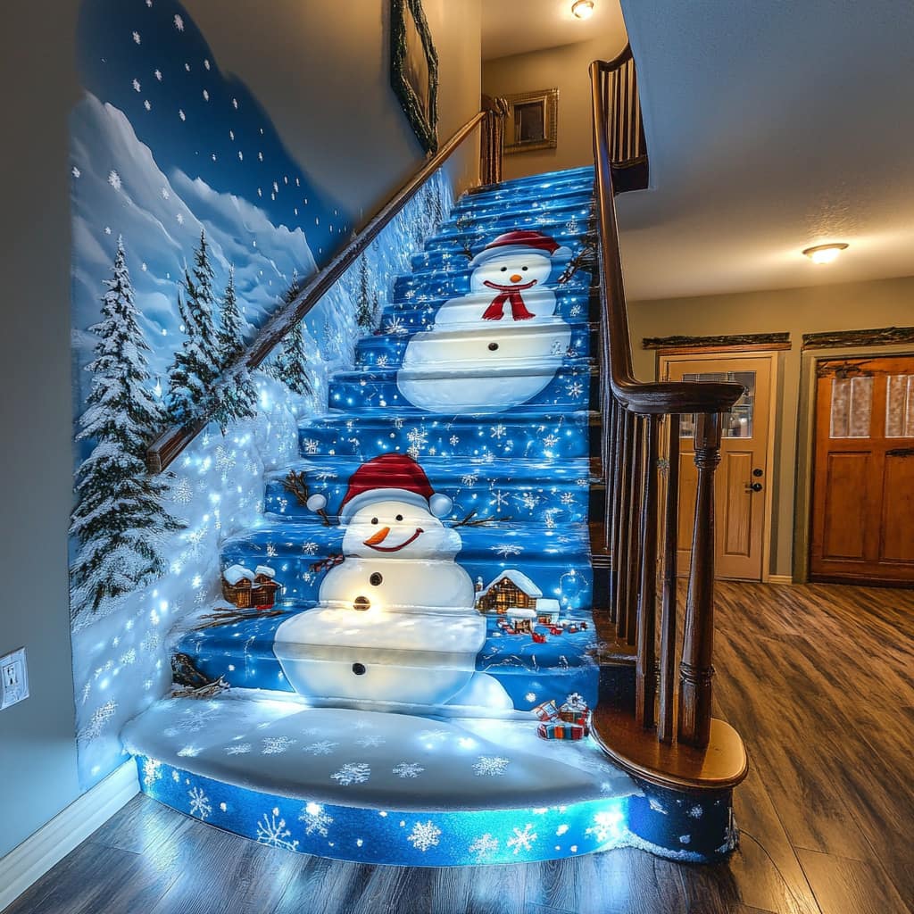 Festive snowman-themed Christmas staircase decorated with blue hues, snowman graphics, and soft lighting.