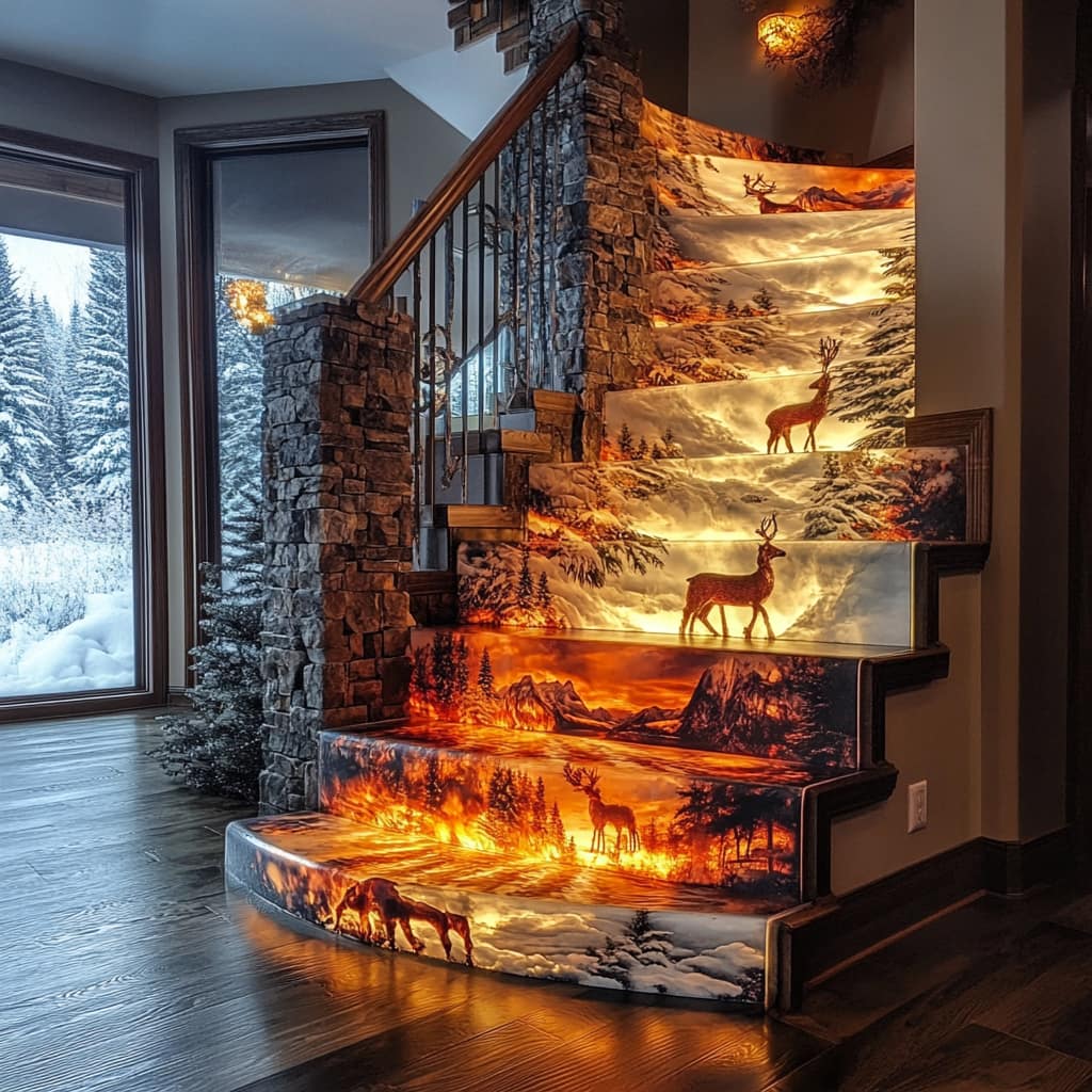 Enchanting reindeer and woodland scene decorating a staircase, featuring warm hues and a cosy, festive atmosphere.
