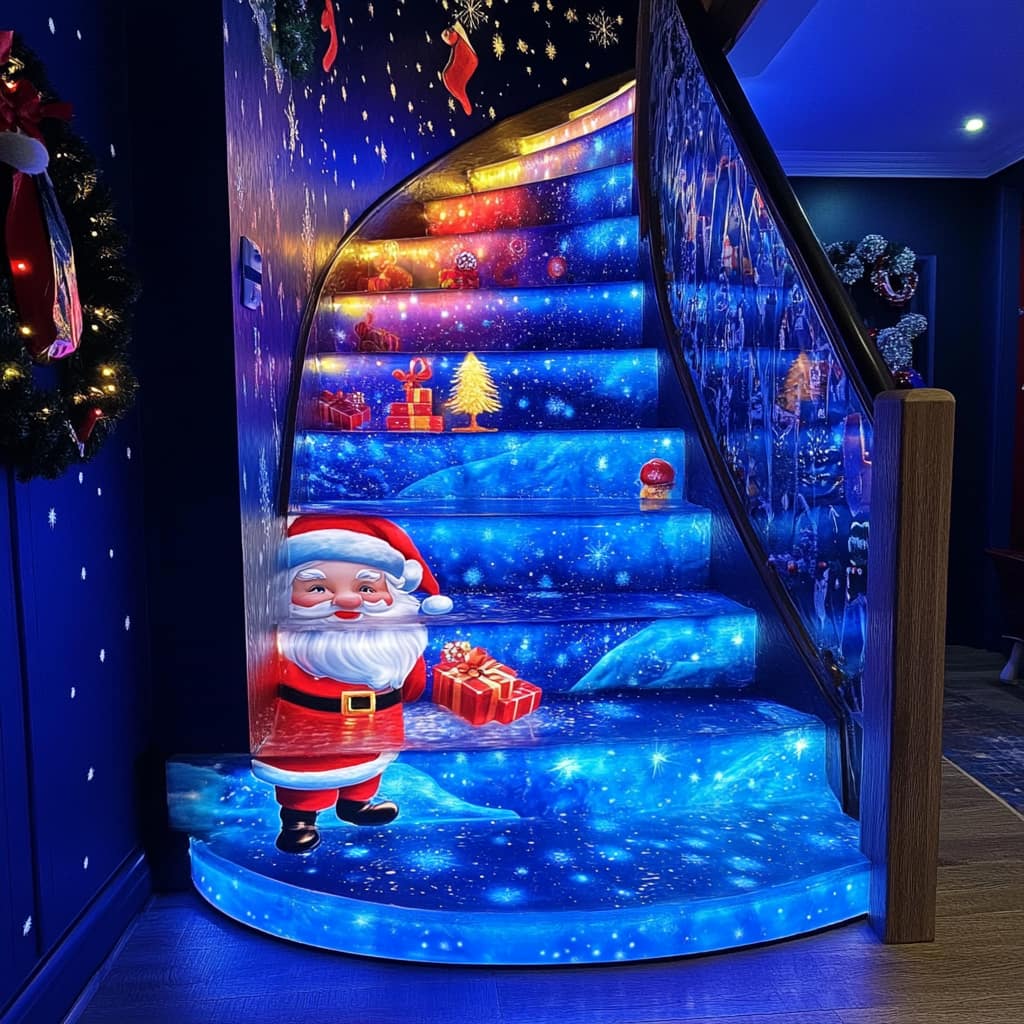 Brightly coloured Santa-themed Christmas staircase with gift decorations, snowflakes, and festive trees.