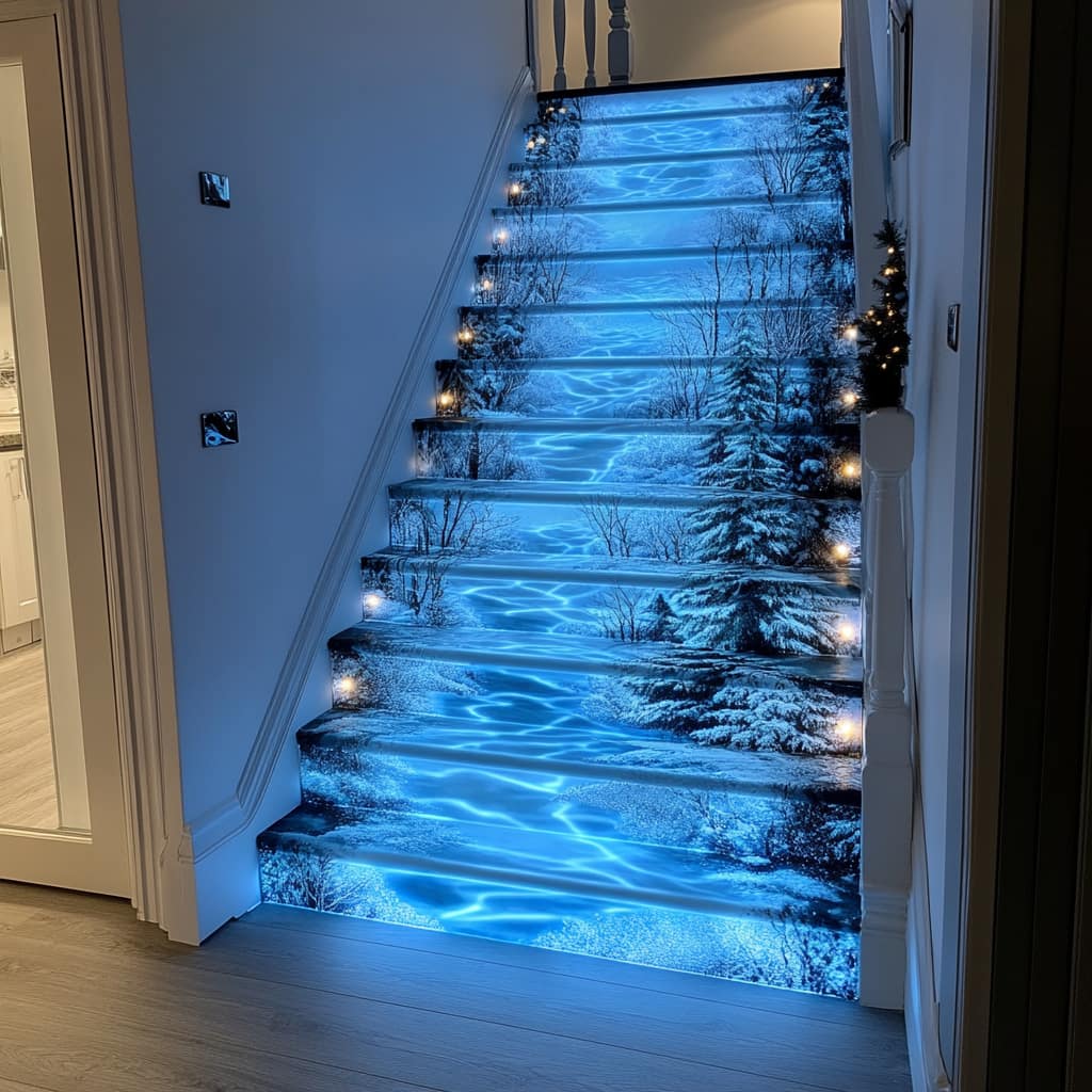 Elegant Christmas staircase with frosted tree designs, blue hues, and soft LED lights for a winter wonderland effect.