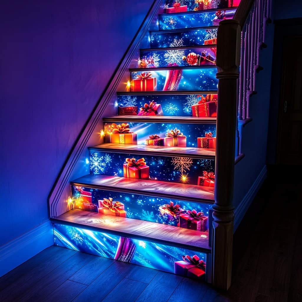 Vibrant gift-wrapped staircase decorated for Christmas, featuring presents and twinkling lights.