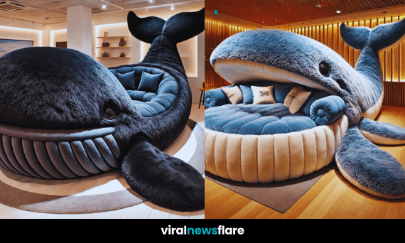 A collection of four different whale-shaped sofa beds in purple, pink, black, and blue.