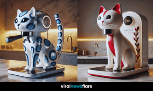 A collection of cat-shaped coffee machines in a modern kitchen setting with unique, colourful designs.