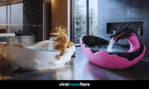 A collection of dragon-themed luxury bathtubs, featuring gold, blue, and pink designs in modern bathroom settings.