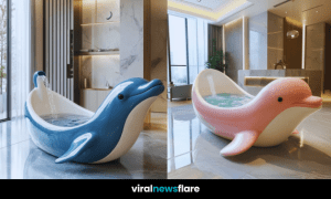 Collection of purple, blue, and pink dolphin-shaped bathtubs in luxurious bathroom interiors.
