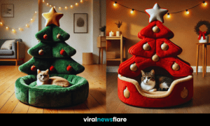 Two cozy Christmas tree-shaped cat beds in festive green and red designs, adorned with ornaments and a star on top, featuring content cats lounging comfortably in a warm holiday setting.