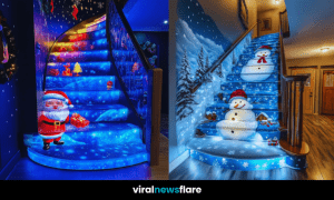 Collection of beautifully decorated Christmas staircases featuring snowmen, reindeer, Santa, and winter wonderland themes.