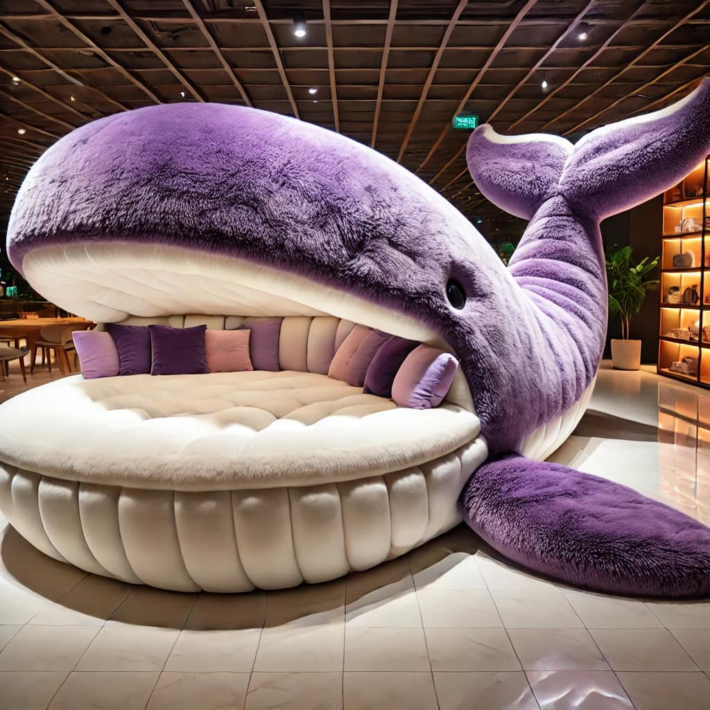Plush purple whale-shaped sofa bed with round cushioning and lavender pillows in a modern setting.