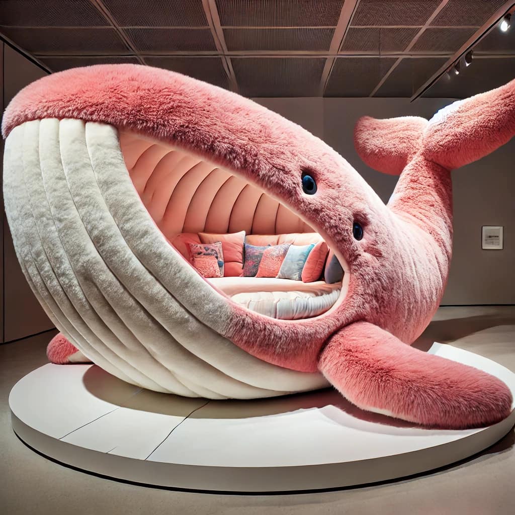 Soft pink whale-shaped sofa bed with rounded seating and plush cushions on a display stand.