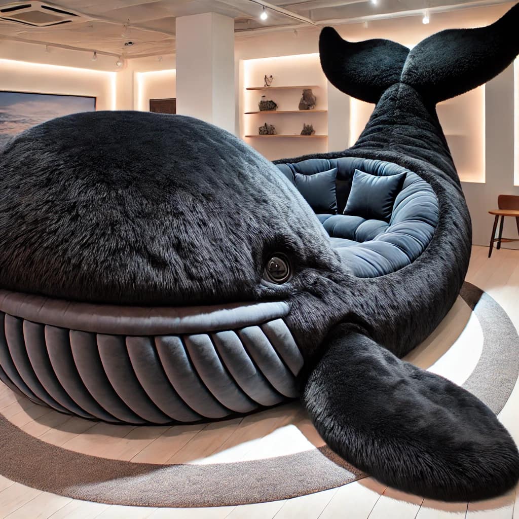 Sleek black whale-shaped sofa bed with plush dark blue seating and an immersive design in a well-lit living room.