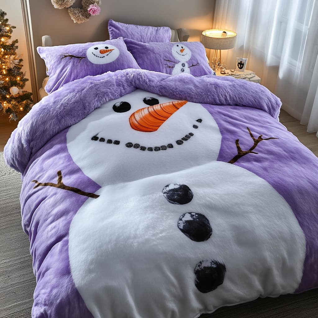 Purple snowman-themed bedding featuring a detailed snowman with carrot nose and cosy faux fur materials.