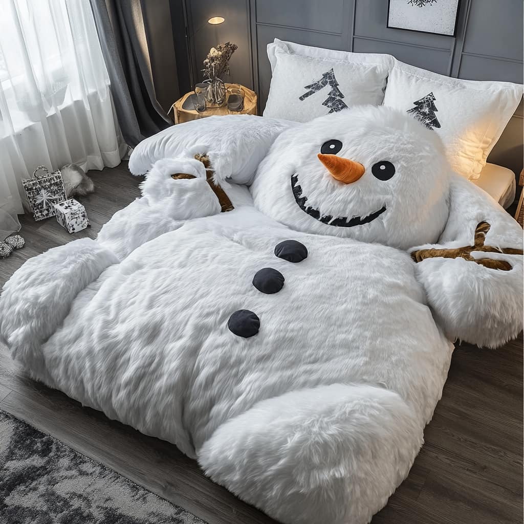 White snowman-shaped bedding with a soft, fluffy texture and smiling snowman face in a modern bedroom.