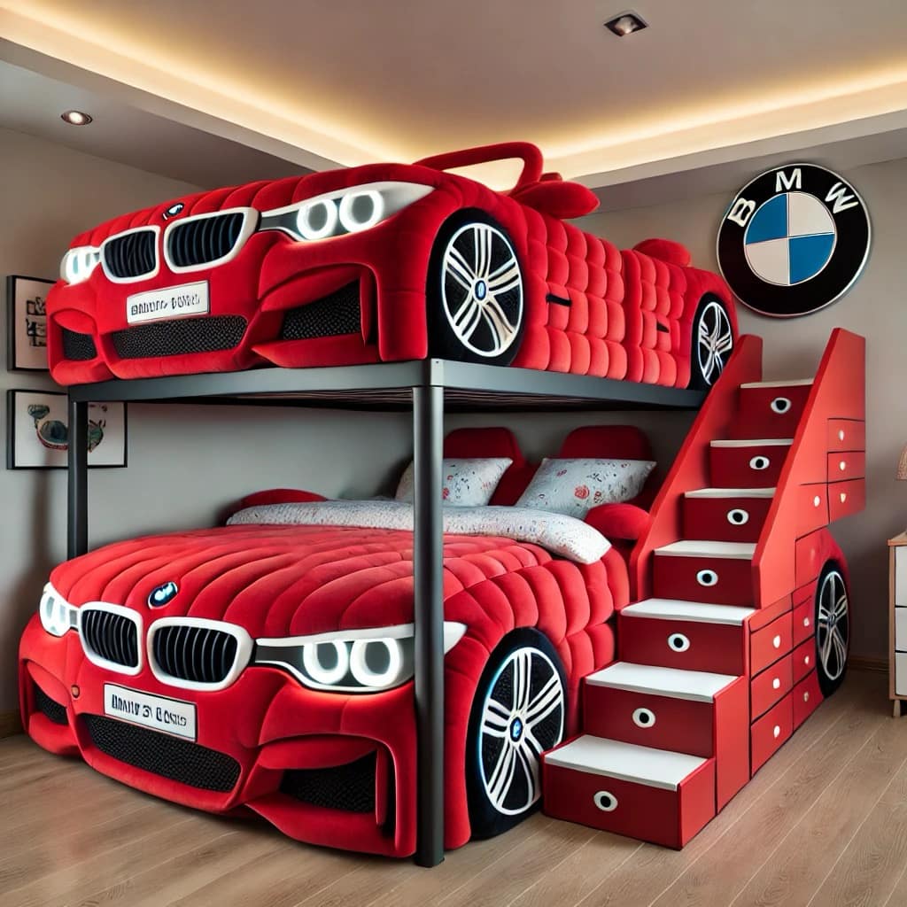 A red sports car bunk bed with realistic details and integrated storage drawers in a sleek bedroom setup.