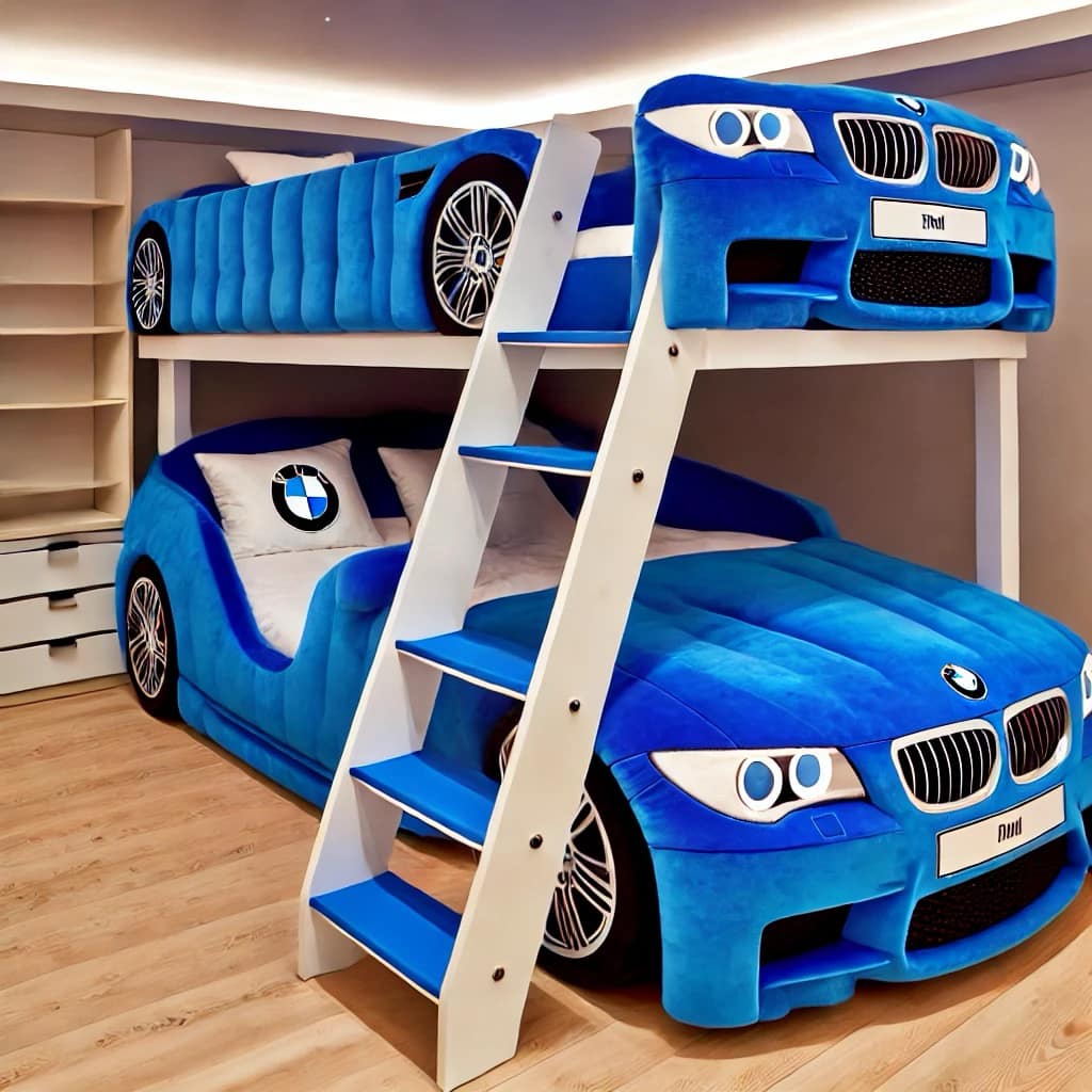 A blue BMW-inspired bunk bed with detailed car features and a cozy top and bottom bunk design.