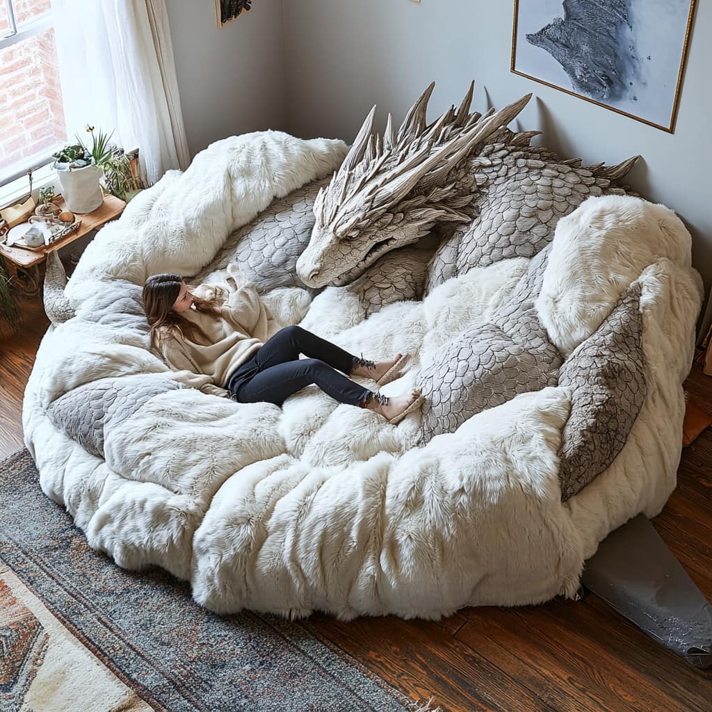 A luxurious dragon-shaped sofa in a cosy living room with a woman lounging comfortably.