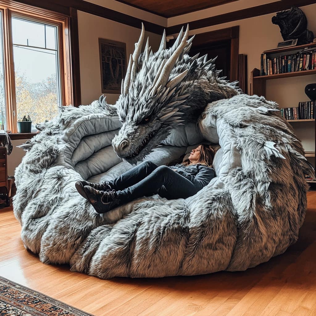 A dragon sofa with detailed scales and horns placed in a warm, rustic living room setting.