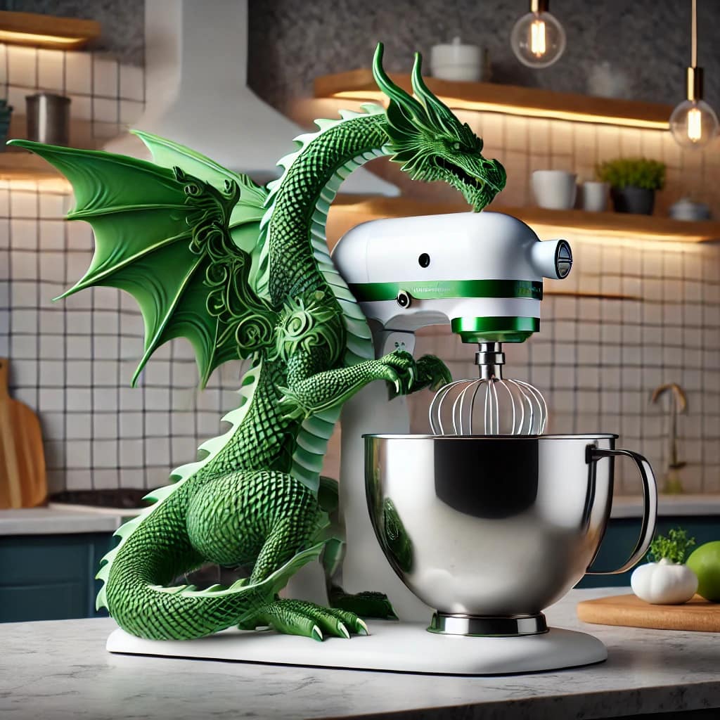 A rich green kitchen mixer featuring detailed dragon carvings and earthy tones.