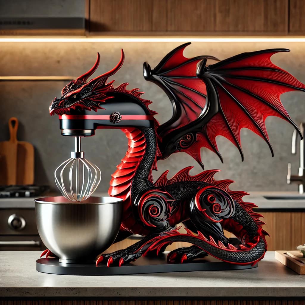 A fiery red kitchen mixer with sharp dragon motifs and illuminated accents.
