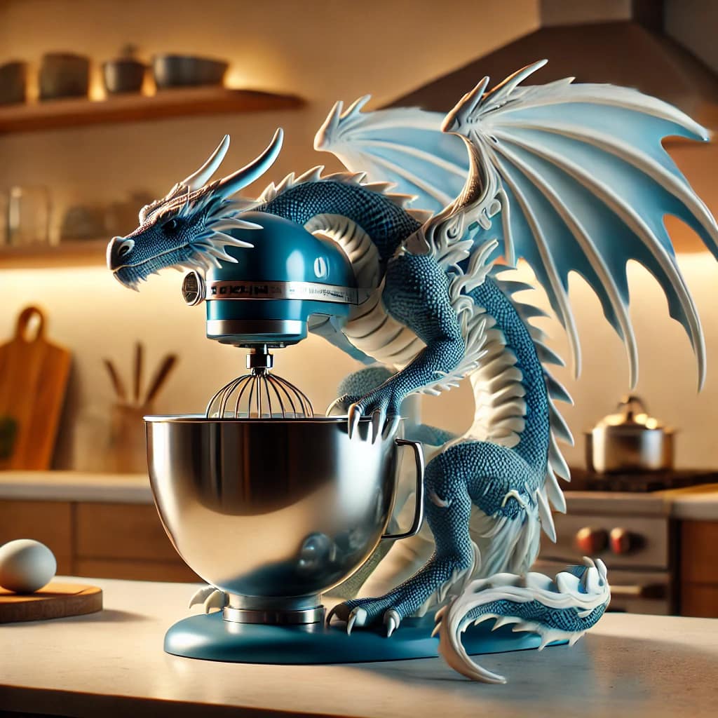 A frosty blue kitchen mixer with intricate dragon wings and icy lighting effects.
